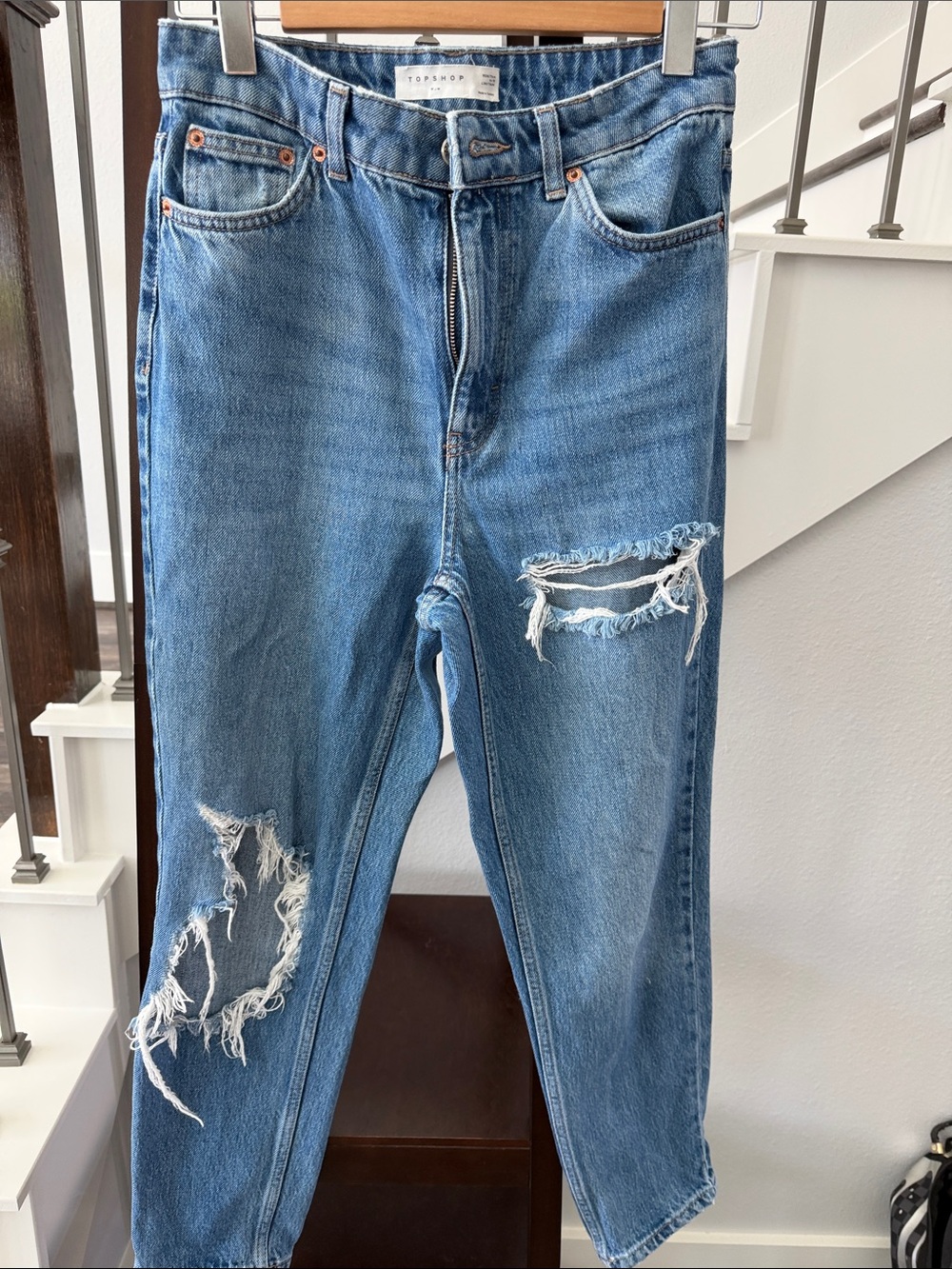 Topshop Light Blue Distressed High-Waist straight leg ankle jeans